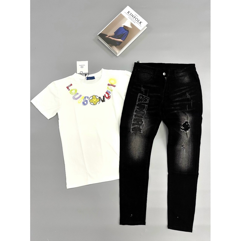Quần jean nam ống ôm màu đen thêu xù AMR chất bò co giãn bốn chiều thời trang cao cấp VBSHOP123