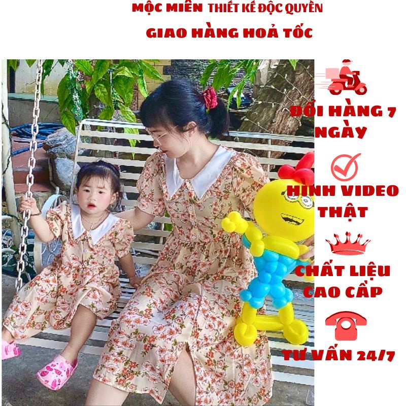Váy đôi mẹ bé, bộ đồ đôi mẹ bé đầm xoè hoa nhí cổ cách điệu chất lụa mango mềm mịn mát có đủ size cho cả mẹ và bé
