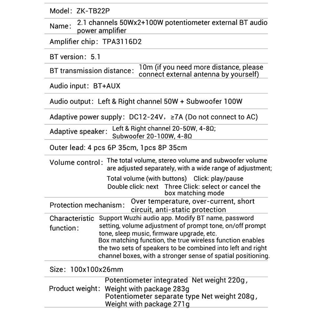Bảng Mạch Khuếch Đại Âm Thanh ZIQQUCU ZK-TB22P 2.1 TPA3116D2 Chip DC 12-24V Và AUX Đầu Vào 50Wx2 + 100W