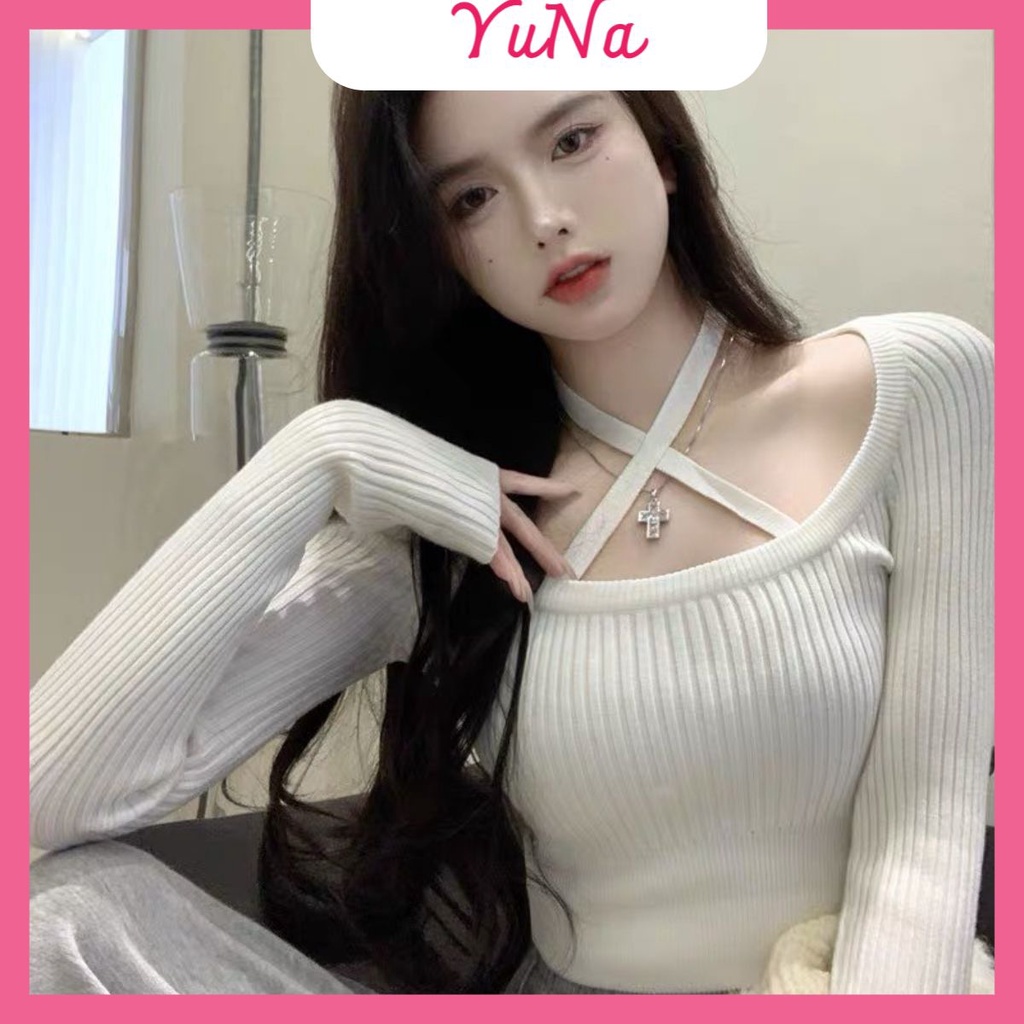 Áo croptop dài tay YUNA body chất liệu dệt kim buộc dây cổ siêu sexy quyến rũ, thời trang nữ YUNA