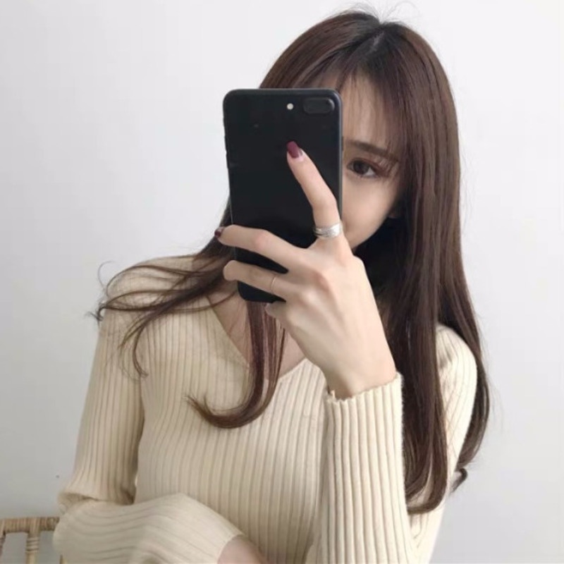 Áo Dệt Kim Nữ Tay Dài Cổ Chữ v Màu Trơn Thời Trang
