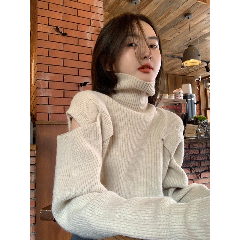 ZHELIHANGFEI Áo Len Tay Dài Cổ Cao Form Rộng Kiểu Dáng Ngọt Ngào