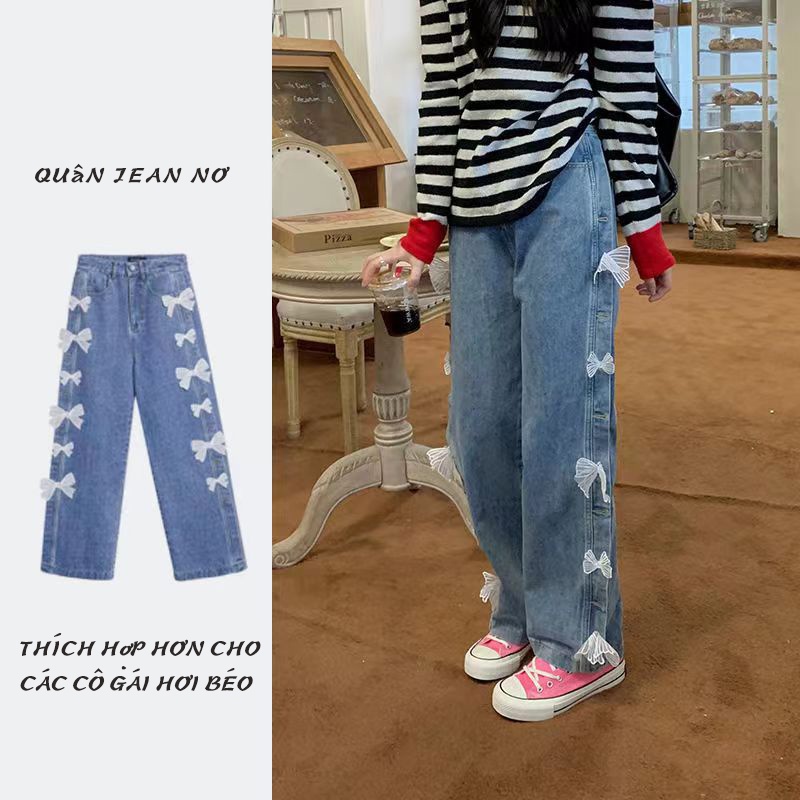 Hàng Có Sẵn✨Quần Jean Dài Lưng Cao Ống Rộng Đính Nơ Cỡ Lớn Thời Trang Xuân Hè Mới Cá Tính Cho Nữ