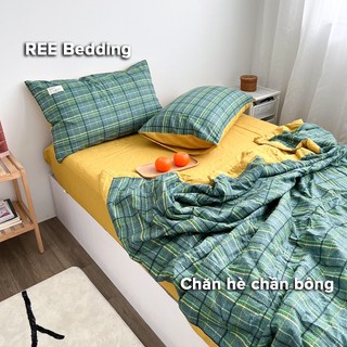 Bộ chăn ga gối REE Bedding CTC156 chần bông Cotton TC caro xanh lá đủ sỉ giường nệm
