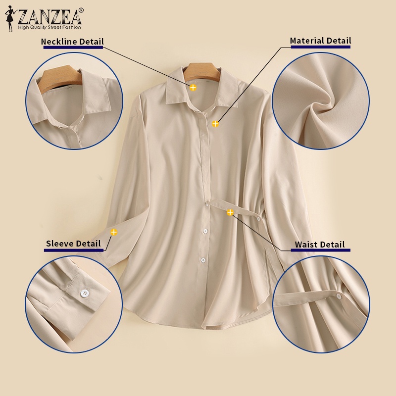 Áo sơ mi nữ ZANZEA tay dài cổ bẻ màu trơn đơn giản thời trang