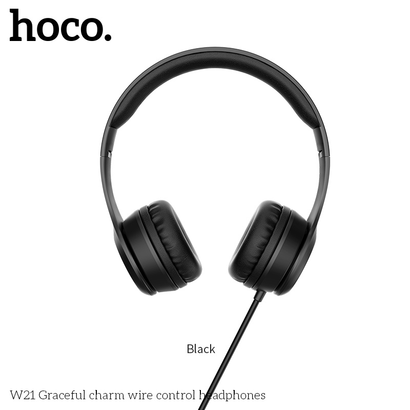 Tai nghe chụp đầu Hoco W21 Đen kết nối jack 3.5mm, mút đệm hạn chế âm thanh phát ra, dây dài 1.2m