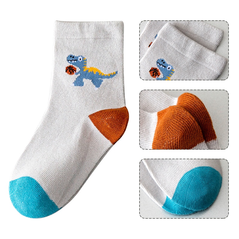 [THOAMS KIDS] Set 5 Đôi Vớ Cotton Màu Trơn Họa Tiết Khủng Long Dễ Thương Cho Bé 1-12 Tuổi