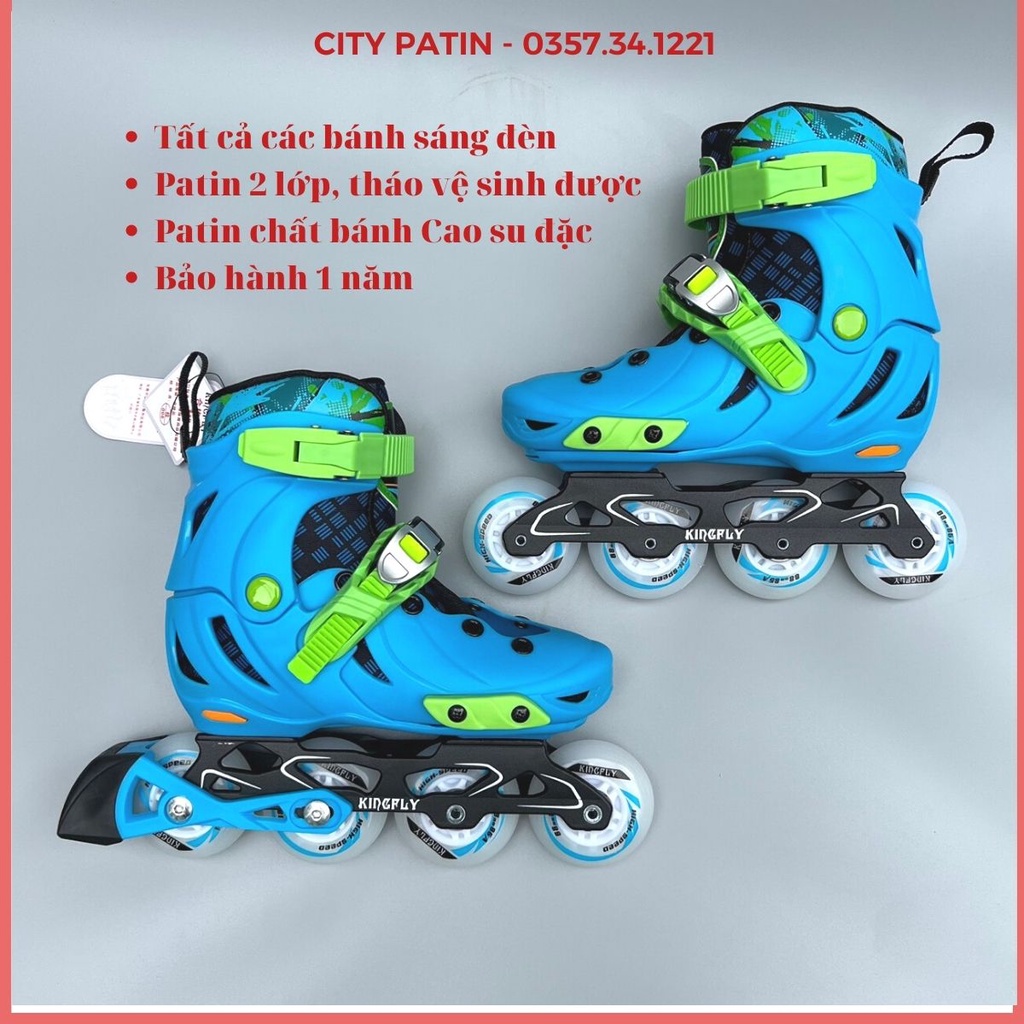 Patin trẻ em người lớn Kingfly W198 bánh cao su đặc, 8 bánh sáng đèn, giày trượt patin chính hãng có bảo hành