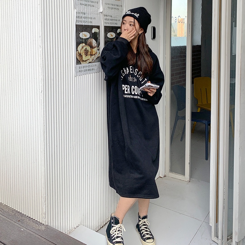 SUXI Đầm Midi Dáng Dài Form Rộng Màu Trơn In Chữ Thời Trang Mùa Đông Cho Nữ