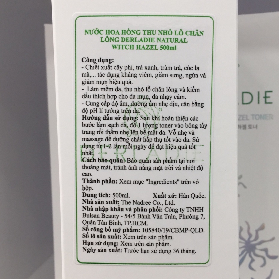 Nước Hoa Hồng Dưỡng Ẩm Dịu Nhẹ Thu Nhỏ Lỗ Chân Lông Chiết Xuất Cây Phỉ Derladie Witch Hazel Toner 500ml