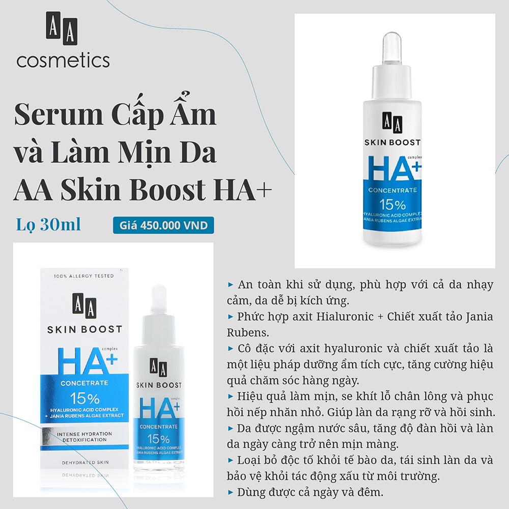 Serum Cấp Ẩm Và Làm Mịn Da HA+ AA Cosmetics Skin Boost HA+ Chính Hãng,Trẻ Hóa Sáng Mịn Hồi Phục Làn Da, Lọ 30ml - Dr. Nh