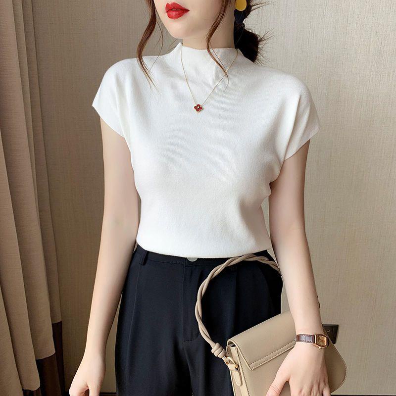 Áo sweater Dệt Kim Tay Ngắn Cổ Cao Màu Đen Thời Trang Mùa Thu 2022 Cho Nữ