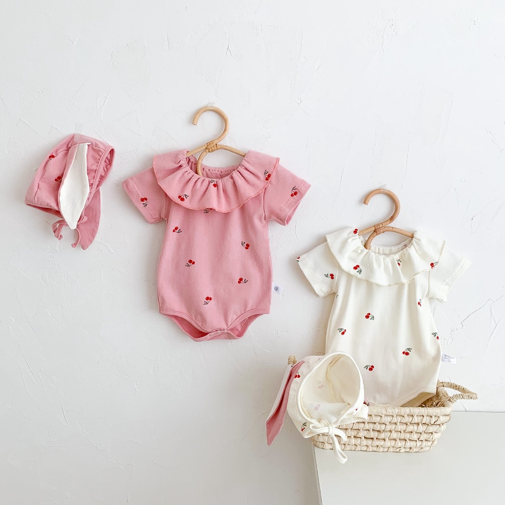 Bộ Áo Liền Quần + Mũ Tay Ngắn In Họa Tiết Cherry Thời Trang Mùa Hè Xinh Xắn Cho Bé Gái Sơ Sinh