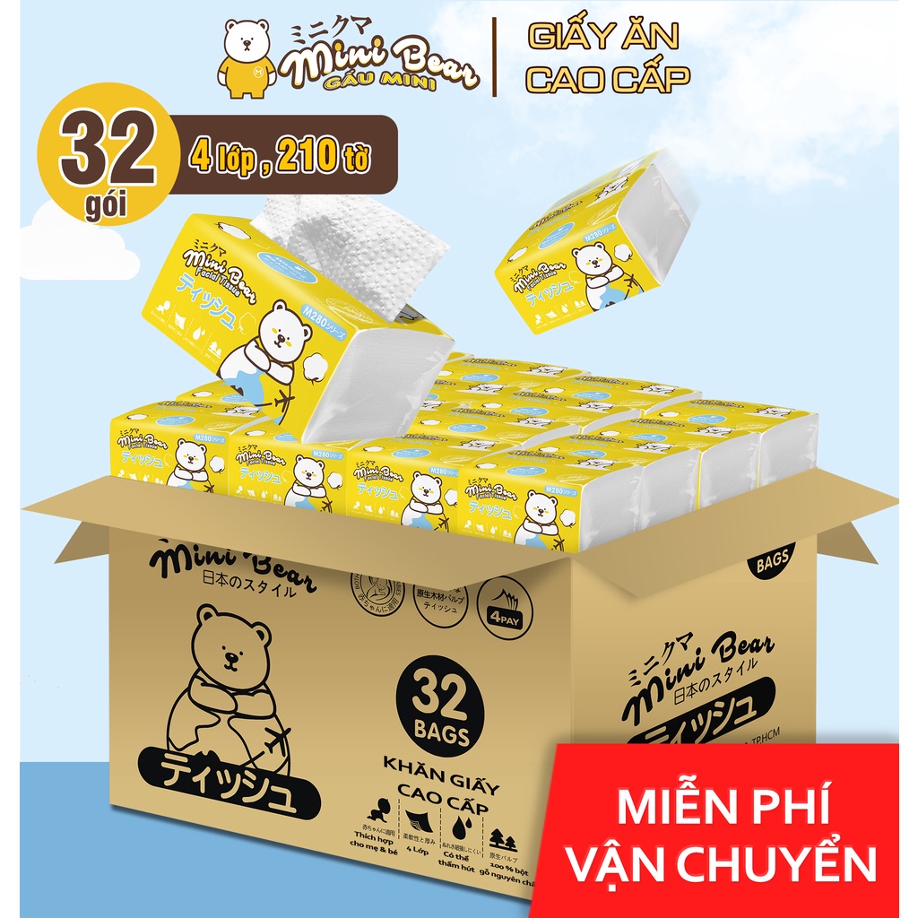 Giấy ăn minibear Nhật, lốc 32 gói khăn giấy khô chiết xuất từ bột gỗ nguyên sinh, không mùi, gấy cao cấp.