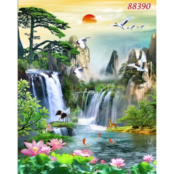 Tranh SƠN THUỶ dán phòng khách, phòng ngủ, phòng ăn chủ đề thiên nhiên tươi xanh