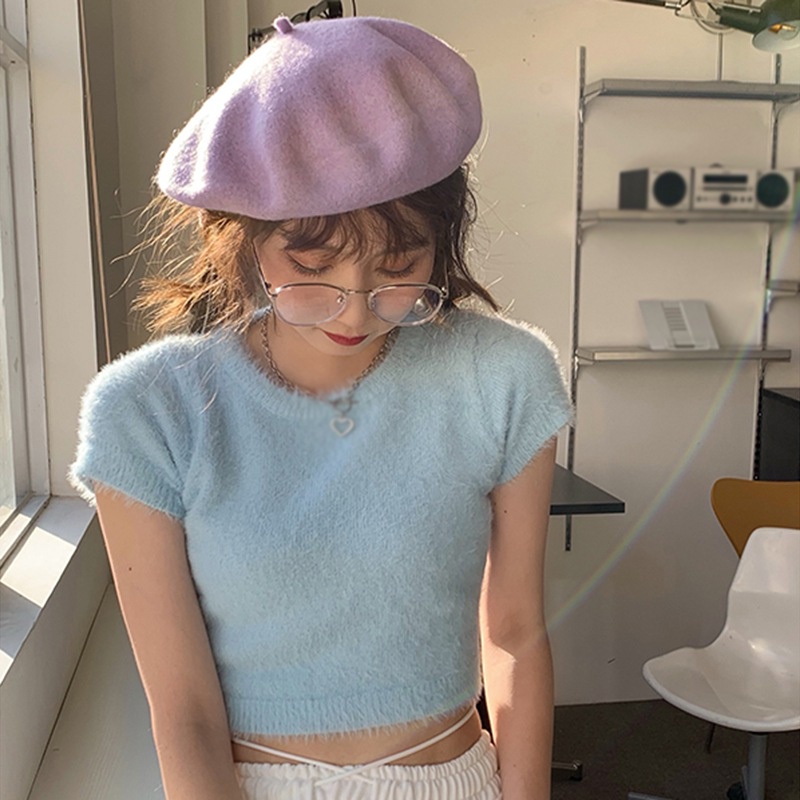 Áo Croptop Dệt Kim Tay Ngắn Cổ Tròn Phong Cách Hàn Quốc Thời Trang Cho Nữ