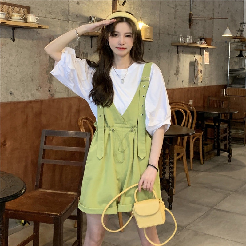 Set Áo Thun Tay Ngắn Phồng + Quần Short Dây Rút Dễ Thương Thời Trang Mùa Hè 2022 Dành Cho Bạn Nữ