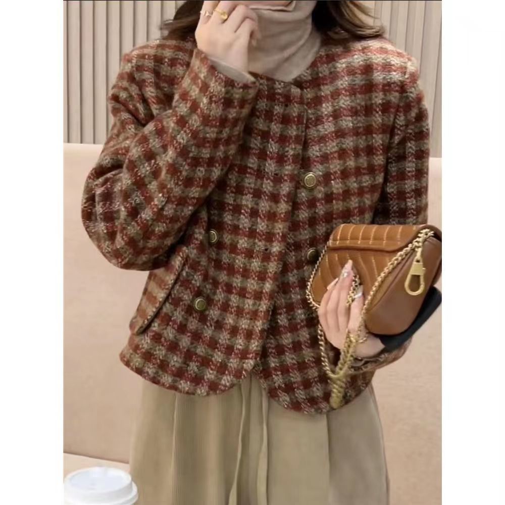 Plus Áo Khoác Cotton Ngắn Kẻ Sọc Caro Tay Dài Cổ Tròn Hai Hàng Nút Cài Thời Trang Thu Đông Hàn Quốc 2022 Cho Bạn Gái