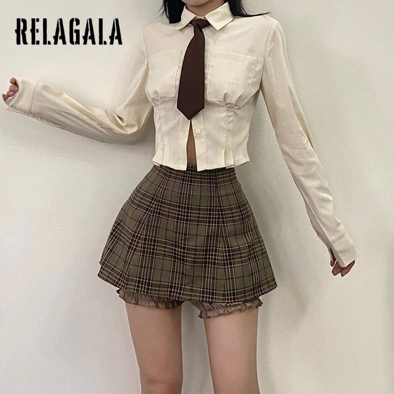 Chân Váy Lưng Cao Màu Trơn Họa Tiết Sọc Caro Thời Trang Đường Phố Cho Nữ