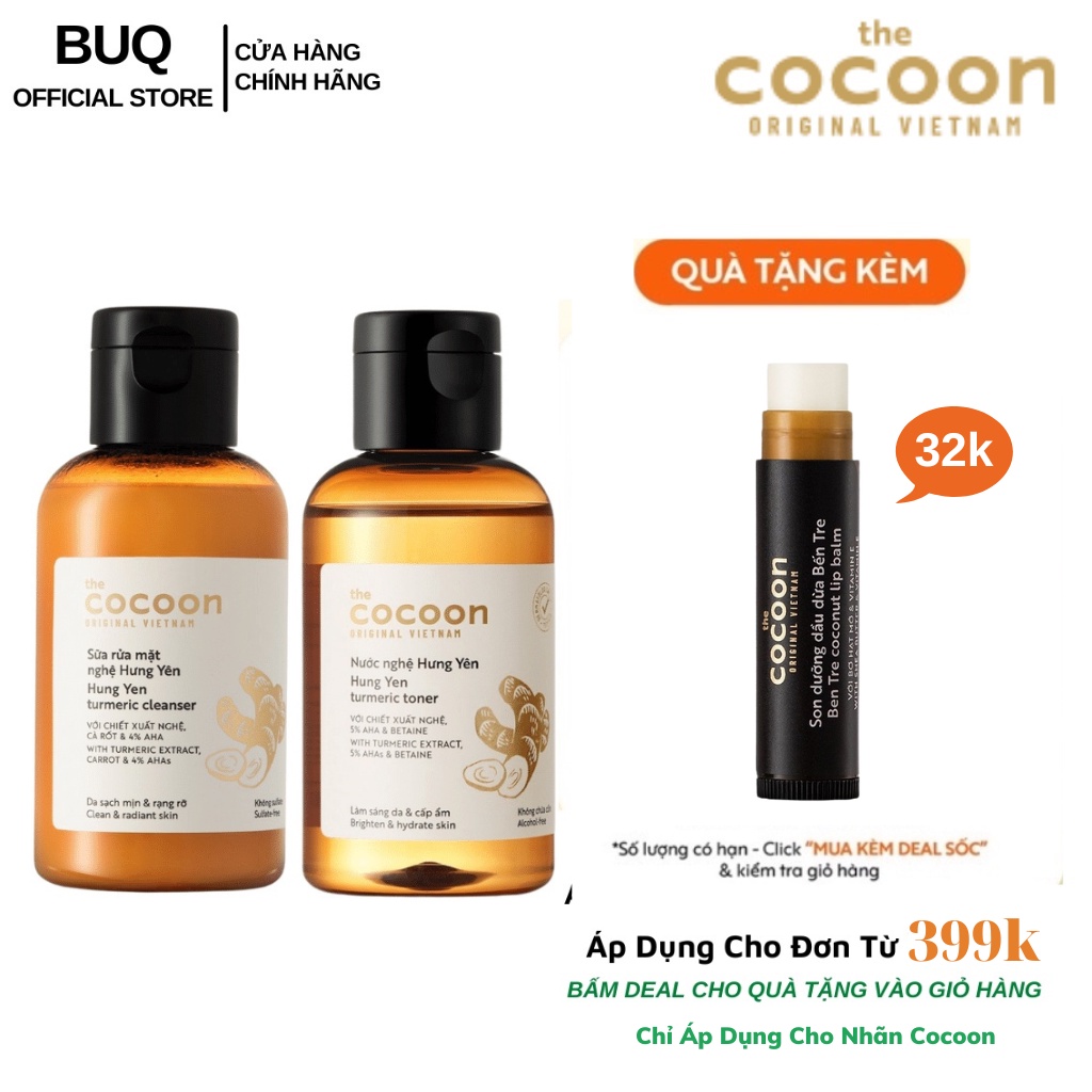 Combo Sáng Da Từ Nghệ Hưng Yên Cocoon: 1 Sữa Rửa Mặt Nghệ Hưng Yên Cocoon 140ml + 1 Nước Nghệ Hưng Yên Cocoon 140ml