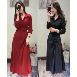 Đầm sơ mi nhúng eo tay dài 2 màu