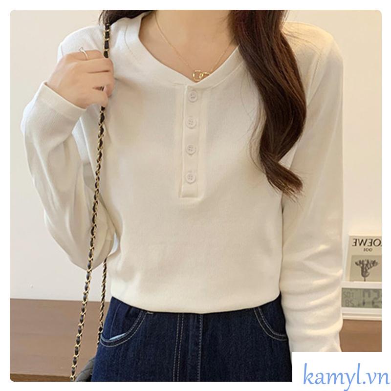 Áo Tay Dài Dày ấm Áp Nữ Có Nút Màu Trơn Co Dãn Phong Cách Hàn Quốc 2 Màu, Áo Dáng Ôm