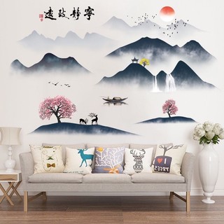 Decal dán tường cành mai và núi 02( tranh ghép)