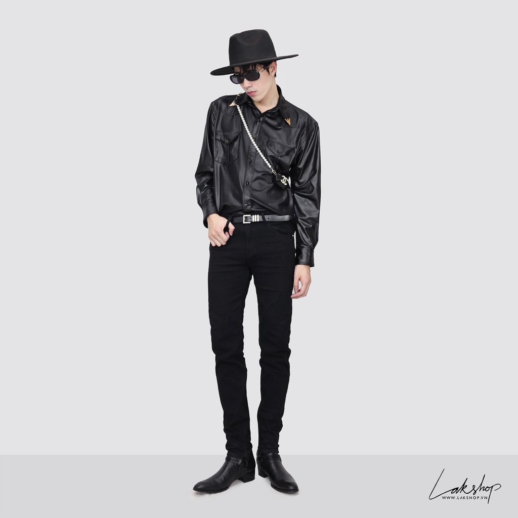 Áo sơmi tráng da Lak Studios Faux Leather with Metallic Collar Tip Shirt