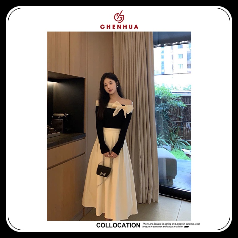 Set tiểu thư áo len tăm nơ vai mix chân váy midi xếp ly dáng dài  VN09