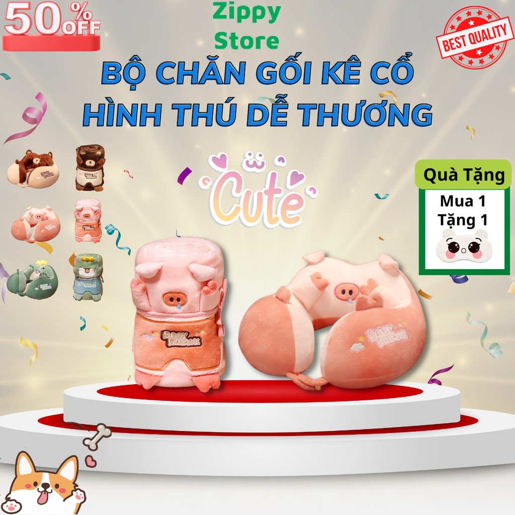 Bộ gối kê cổ kèm chăn văn phòng hình thú dễ thương cao cấp - Chống đau mỏi cổ vai gáy -tiện lợi khi mang theo du lịch
