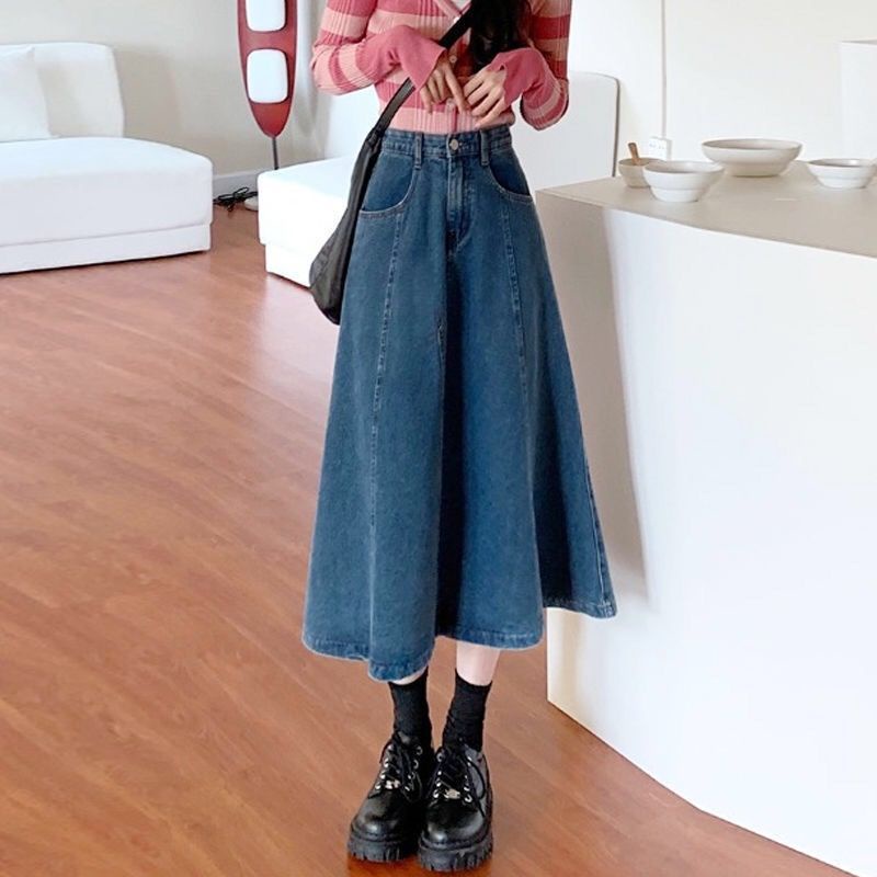 Chân váy jean dài chân váy bò dài chân váy xếp ly Chân Váy Denim Dài Lưng Cao Phong Cách Retro Thời Trang Xuân Thu Mới Cho Nữ
