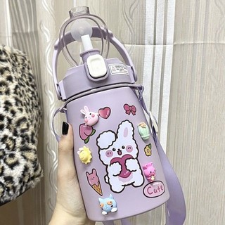 Bình nước giữ nhiệt kèm ống hút, dây đeo, sticker 3D siêu cute, bình giữ nhiệt 1200ml inox 304