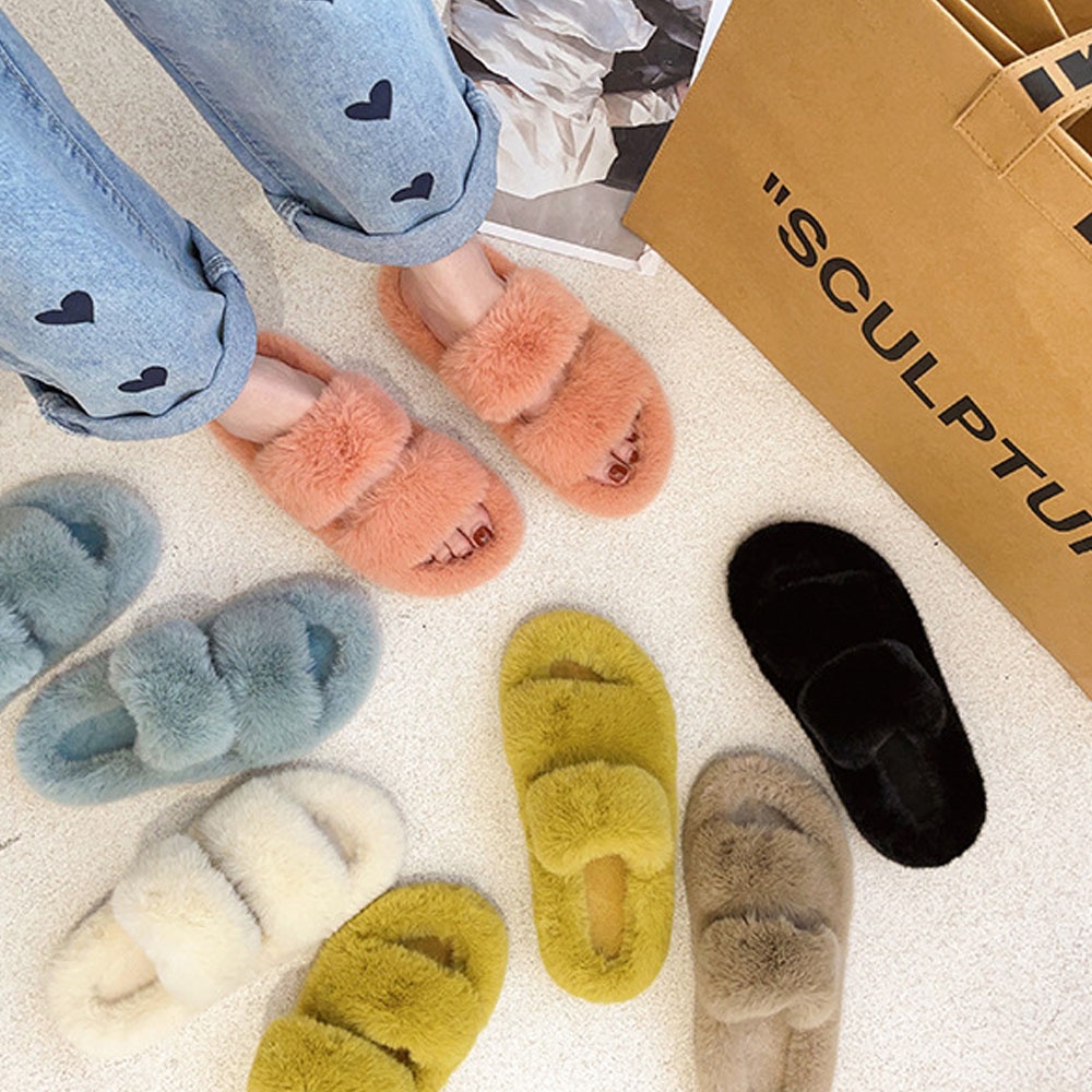 Dép lông thỏ quai ngang, siêu ấm chân, dùng đi trong văn phòng, đi trong nhà hoặc đi chơi đều xinh