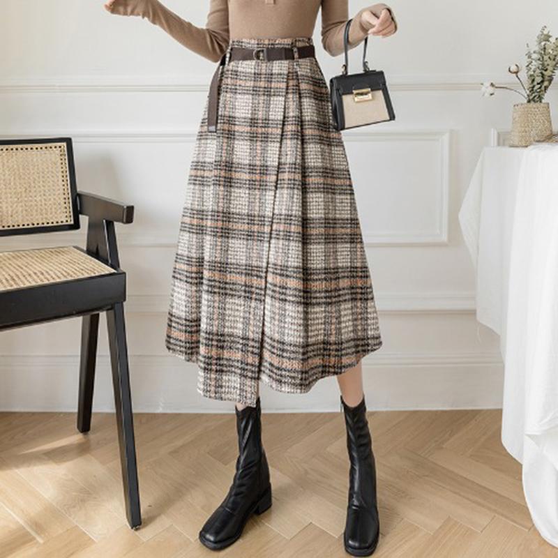 Qooth Thu Đông Vintage Ca Rô Len Dài Váy Thanh Lịch Lưng Thun Cao Cấp Houndstooth Váy Chữ A QT1990