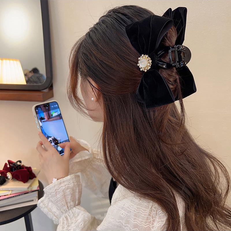Kẹp tóc nơ HAIMEIKANG vải nhung đính ngọc trai giả phong cách Hàn Quốc mới cho nữ