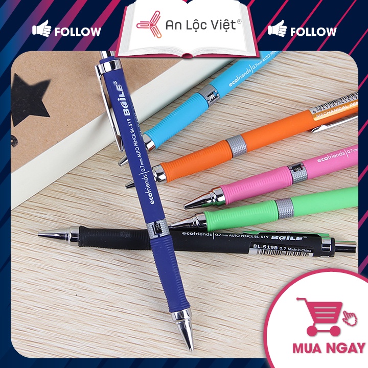 Set 2 Bút chì bấm cơ khí Baile BL-519B ngòi 2B, kích thước 0.5mm - 0.7mm