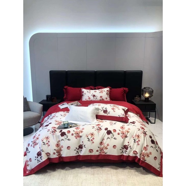 Set chăn ga lụa hoa đỏ