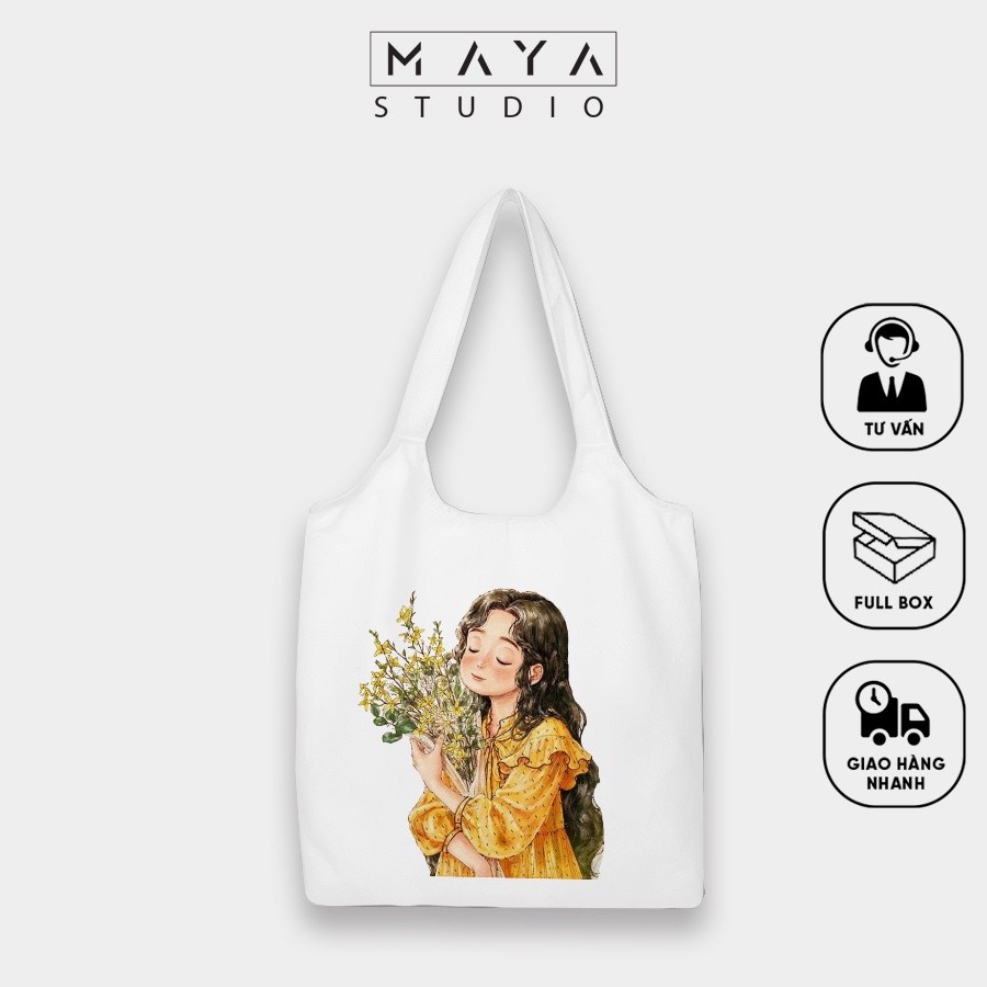 Album Túi tote BẦU MAYA vải Canvas uzzang CÔ GÁI VÀ HOA dễ thương phù hợp cho các bạn gái