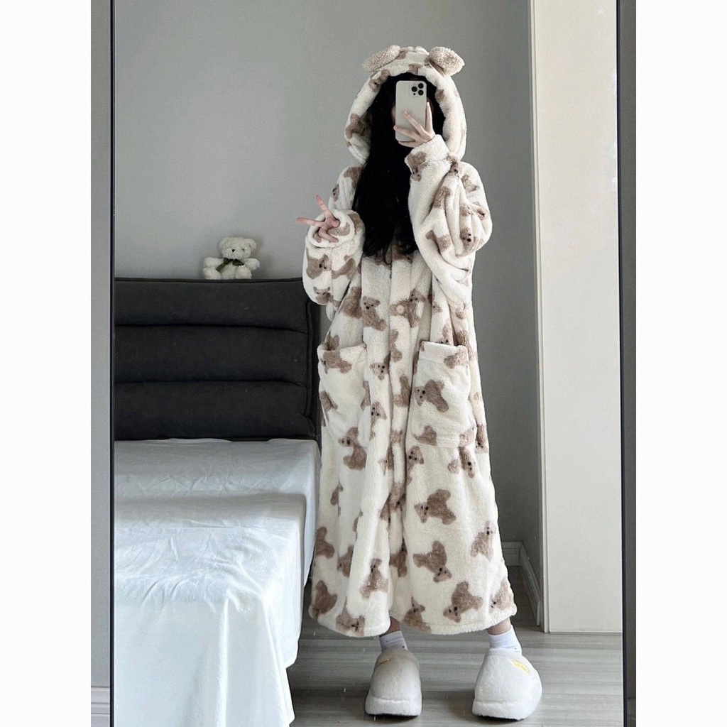 Đầm Váy Ngủ Bông Có Thể Làm Váy Choàng Lông Cừu San Hô Dễ Thương Ngọt Ngào Có Nón Thời Trang Mùa Đông Ấm Áp