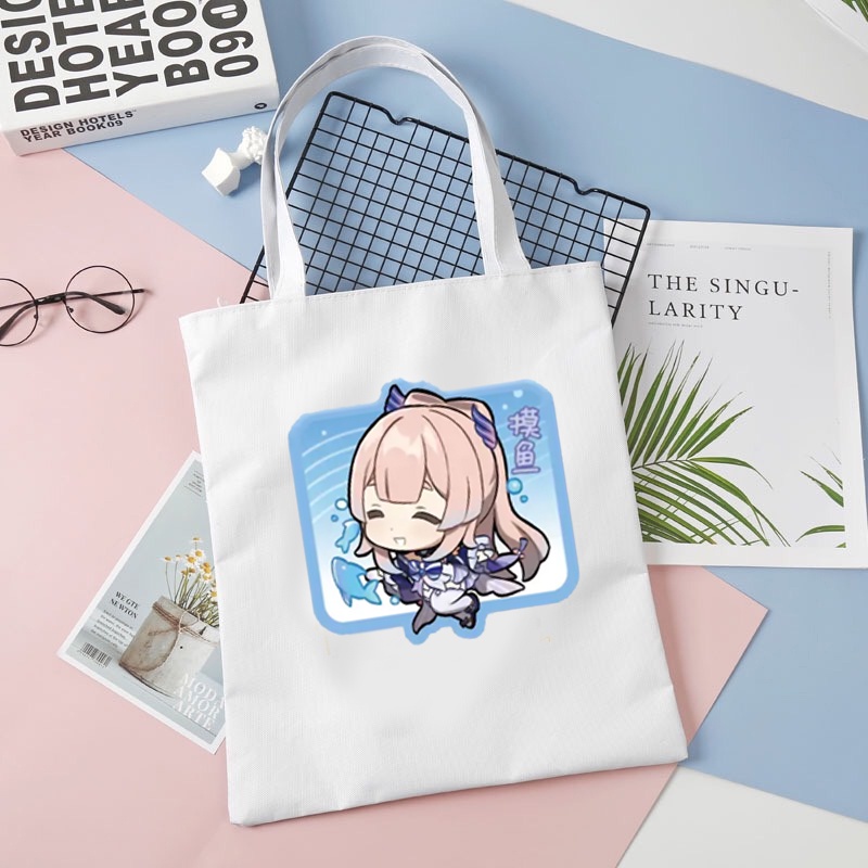 Túi tote vải đen trắng in hình GENSHIN IMPACT ver CHỮ NHẬT CHIBI game anime chibi tiện lợi thời trang đeo vai