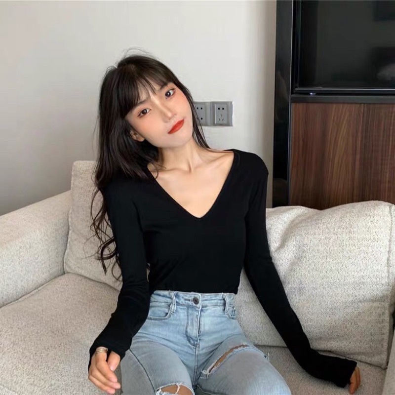 Áo thun Croptop cổ tim nữ dài tay NEOVN, cotton 100%, ôm nhẹ, phong cách Hàn Quốc