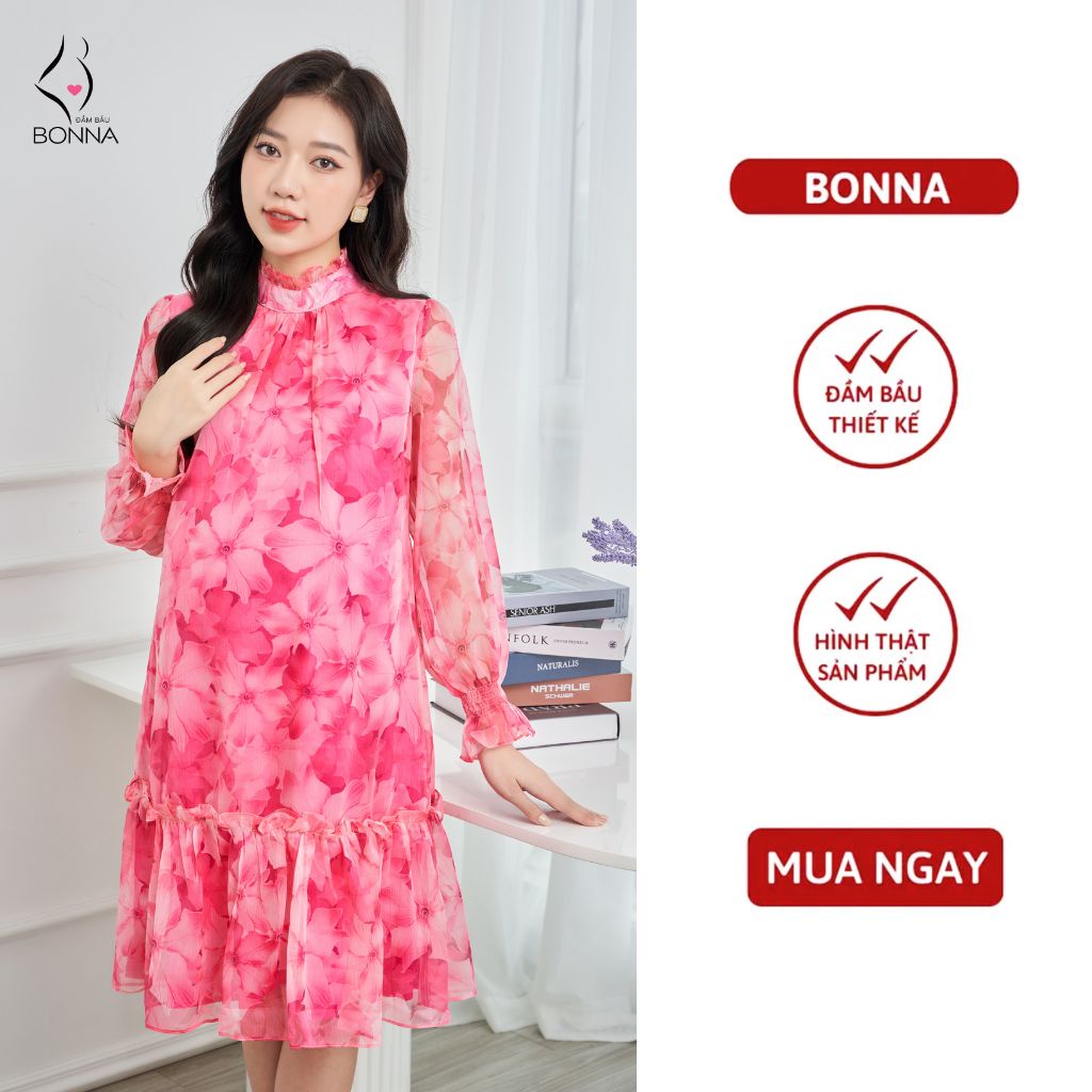 Đầm bầu thu đông BONNA chất liệu vải tơ cao cấp, thiết kế cổ tròn viền cách điệu phối đuôi cá nữ tính, sang trọng VS242
