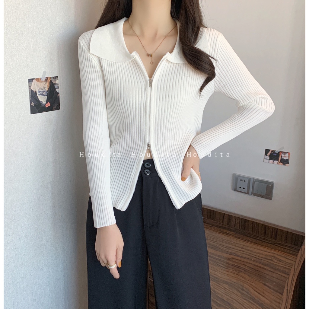 NEW - áo thun gân len ôm body tay dài khóa kéo 2 đầu - HOUDITA - CALTD002