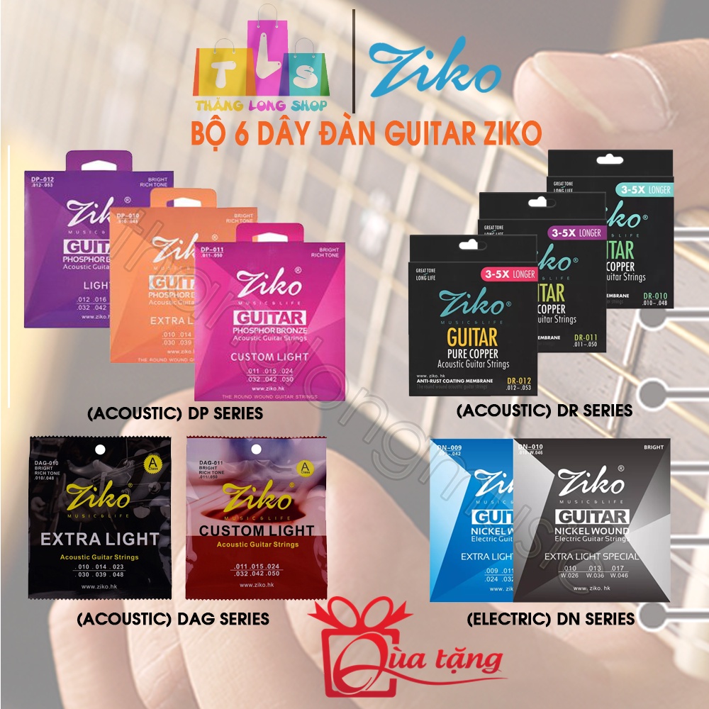 Bộ 6 Dây Đàn Guitar Acoustic, Classic, Electric Ziko DAG010 DAG011 DP010 DP011 DP012 DR010 DR011 DR012 DN009 DN010