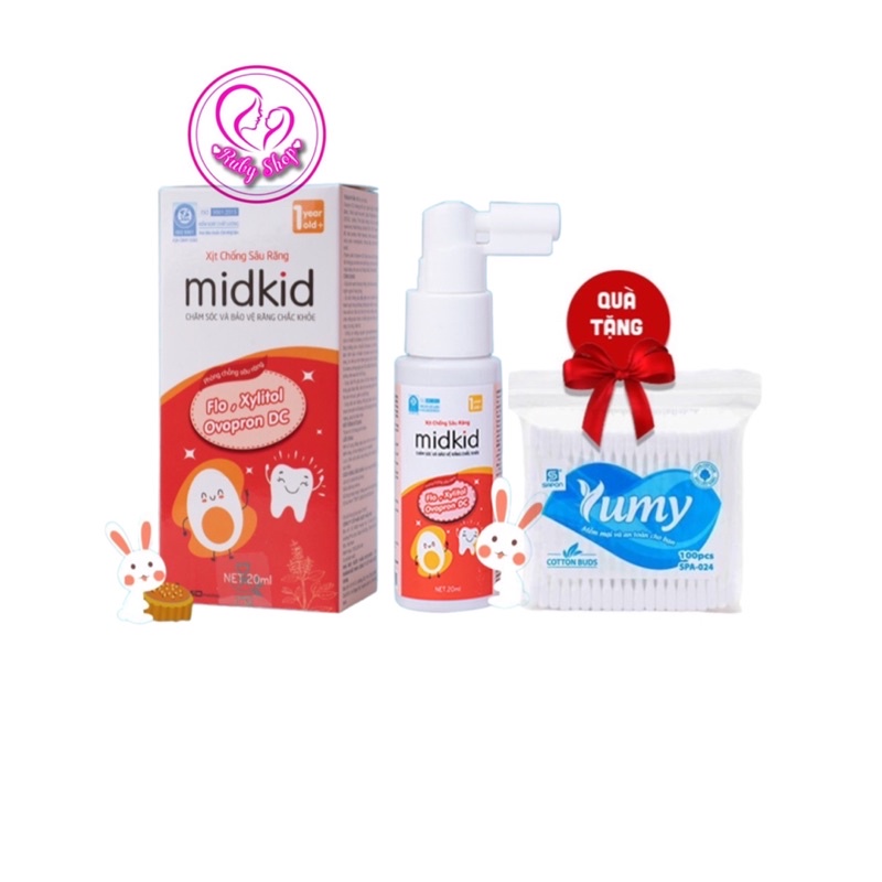 Xịt chống sâu răng Midkid vị táo đỏ dùng cho bé từ 1 tuổi, bảo vệ răng bé, phòng sâu răng + quà tăm bông