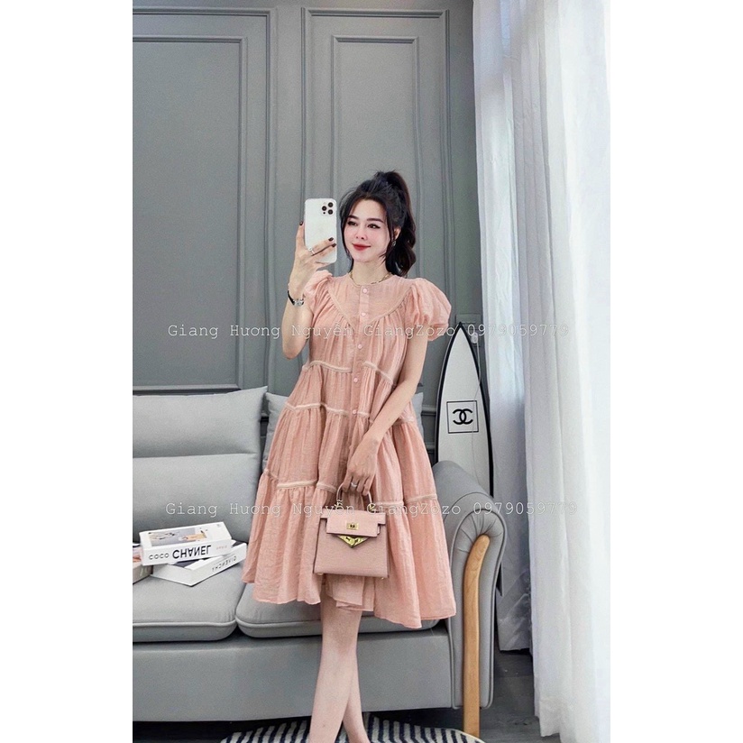 Đầm babydoll tiểu thư Hàn Quốc lụa hoa dễ thương tay phồng cổ tròn dáng xòe midi, váy xòe viền ren Hàn Quốc đáng yêu