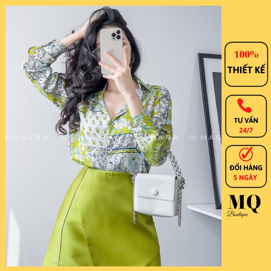 Áo sơ mi họa tiết nữ lụa dài tay cao cấp công sở họa tiết hoa ghi xanh vàng sang trọng , áo sơ mi thiết kế MQ Boutique