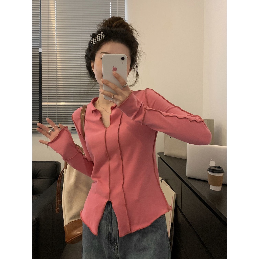 Áo Thun DàI Tay Cổ Chữ V PhốI Dây ChéO Cho Nữ