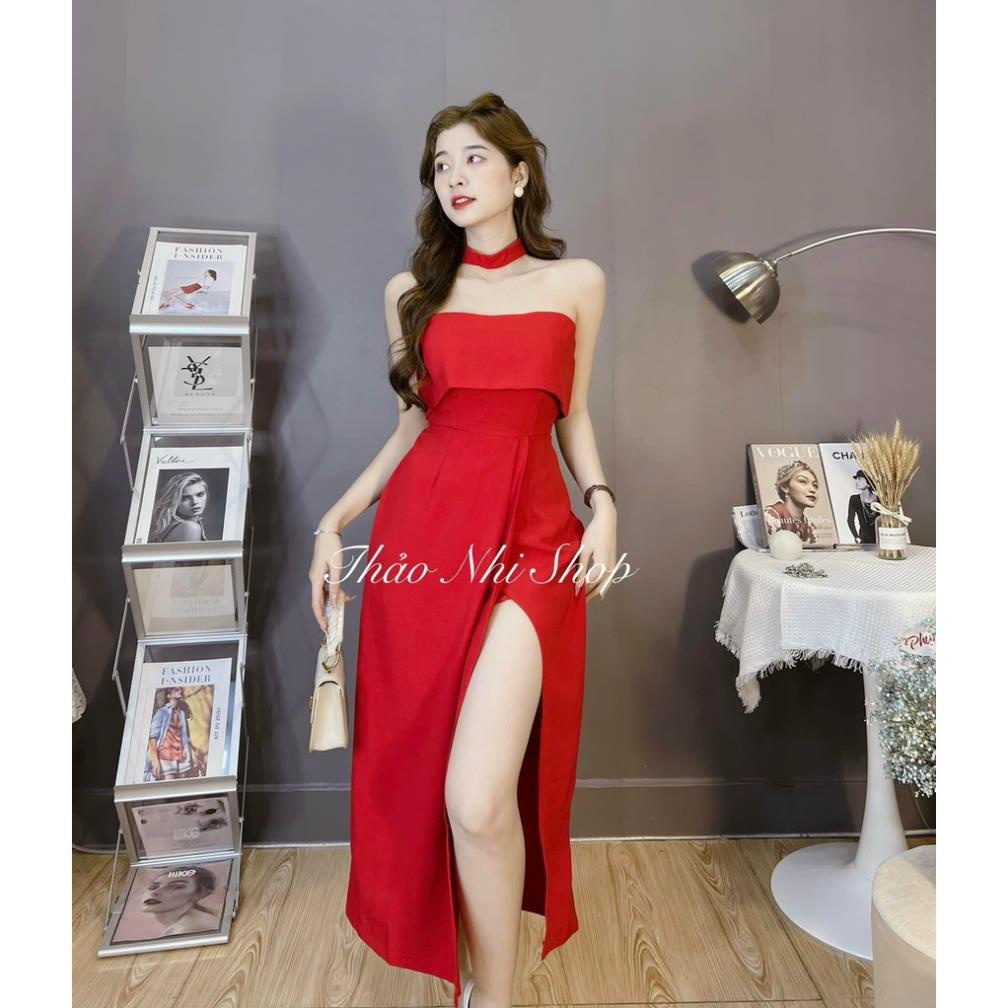 Đầm midi ống đỏ xẻ đùi kèm choker cổ dự tiệc chơi noel tết mẫu chị thảo nhi shop