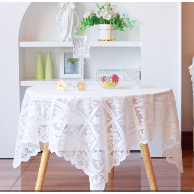 Khăn trải bàn vải ren phong cách Bắc Âu. Vải ren decor shop, trang trí kệ tủ đẹp Sun_decor
